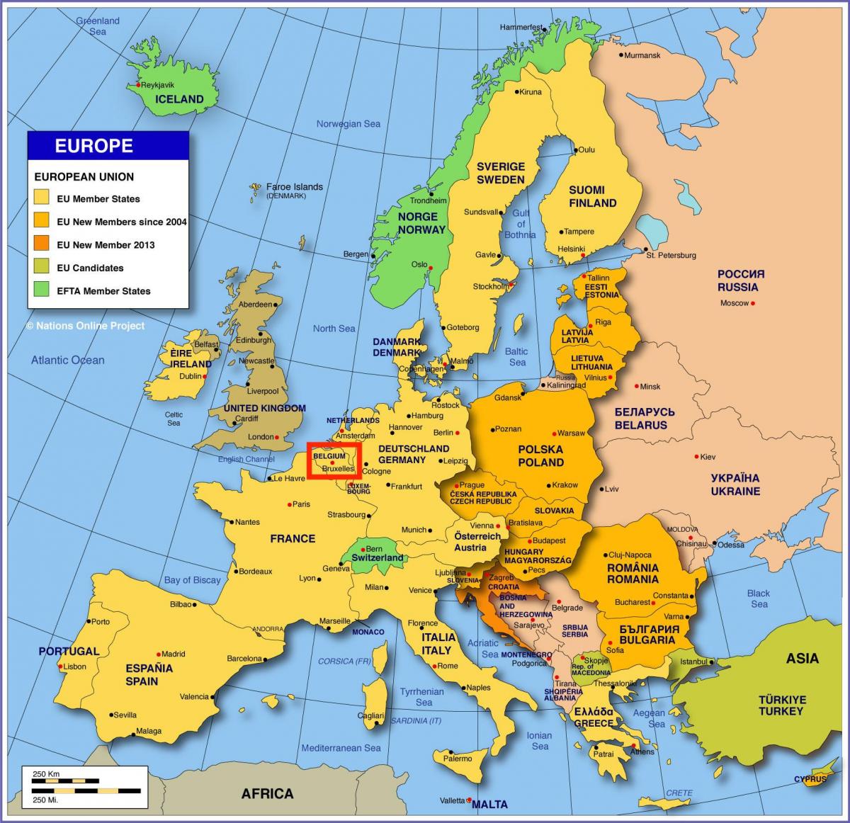 mapa evropy ukazuje Bruselu