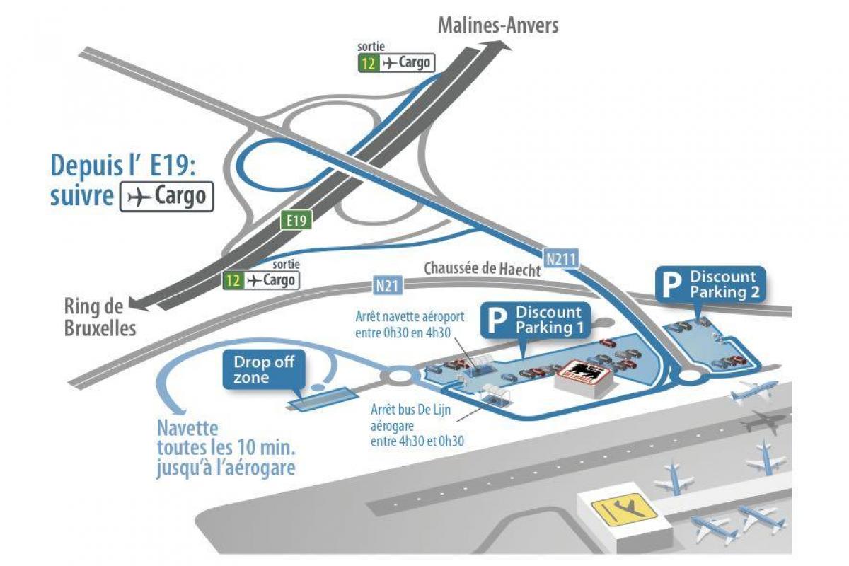 mapa Bruselského letiště, parkování